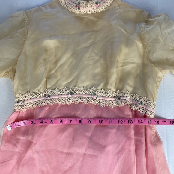 Vintage 60s 70s Empire Gown White Pink Organza Lace Ribbon Trim Formal Dress - Picture 15 of 16